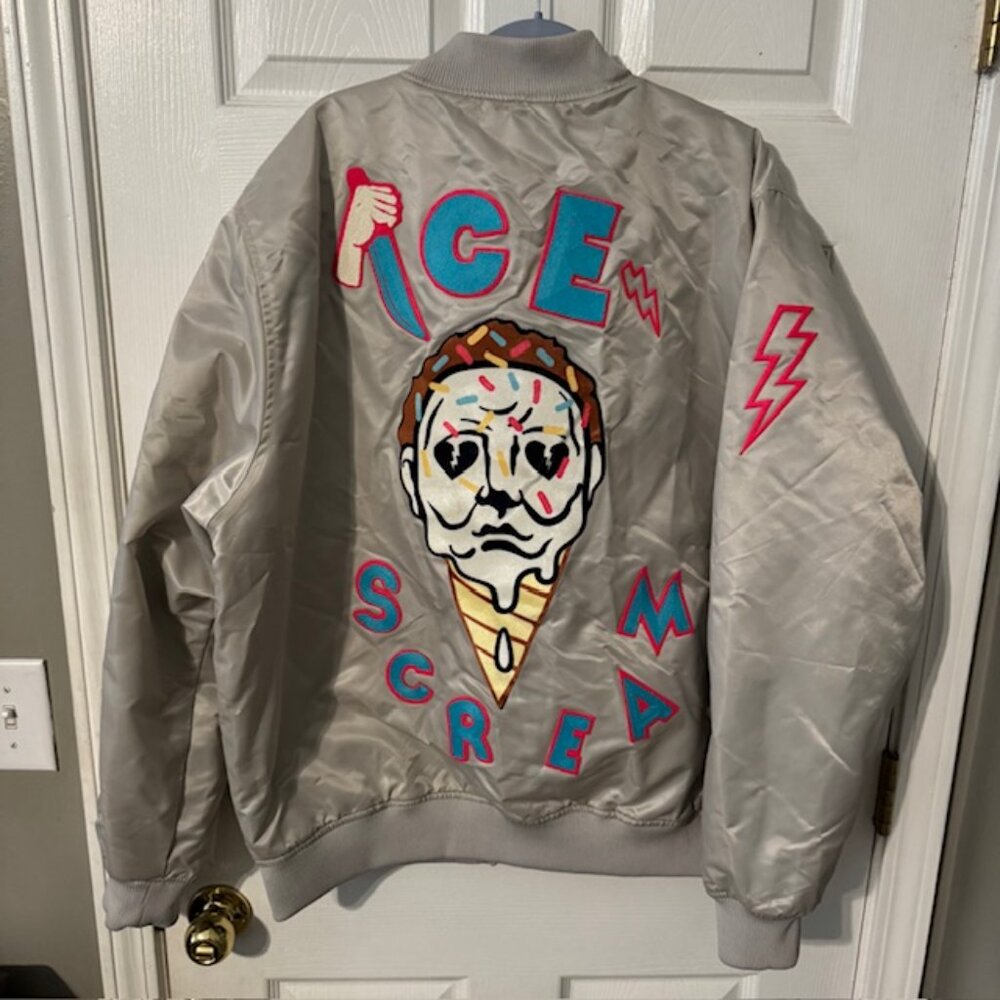 RokuStudio 'Ice Scream' Silver Satin Bomber Jacket Size 2XL XXL RARE NWOT $118
